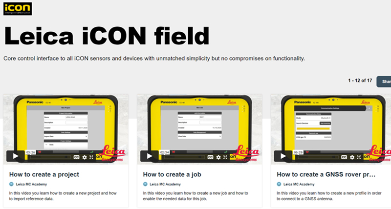 Leica iCON field software training library with How-To videos.